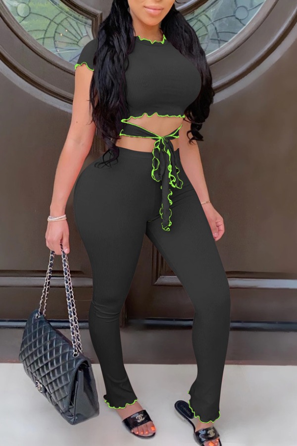 

lovely Casual Lace-up Black Two-piece Pants Set