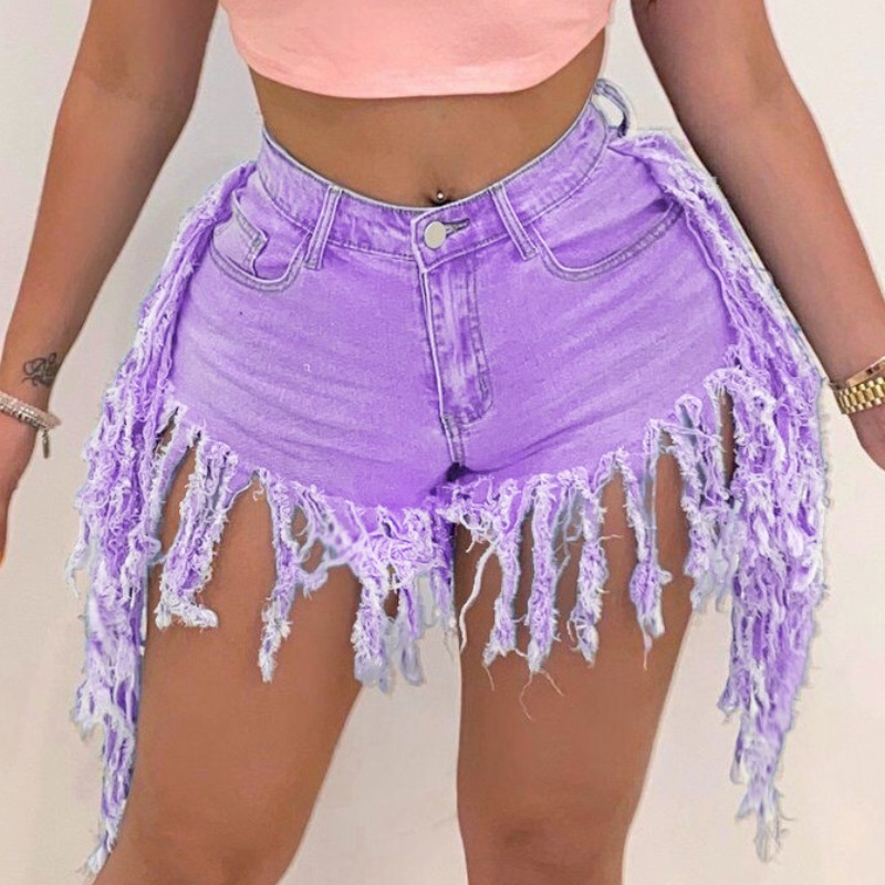 

lovely Casual Tassel Design Purple Plus Size Denim Shorts