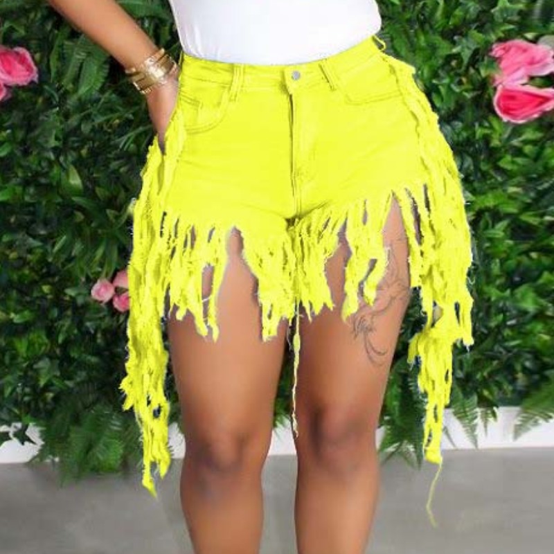 

lovely Casual Tassel Design Yellow Plus Size Denim Shorts