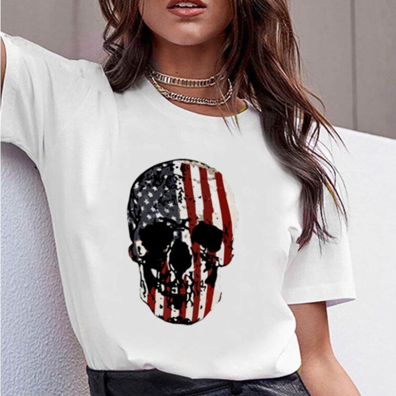 

lovely Independence Day Leisure O Neck Print White Plus Size T-shirt
