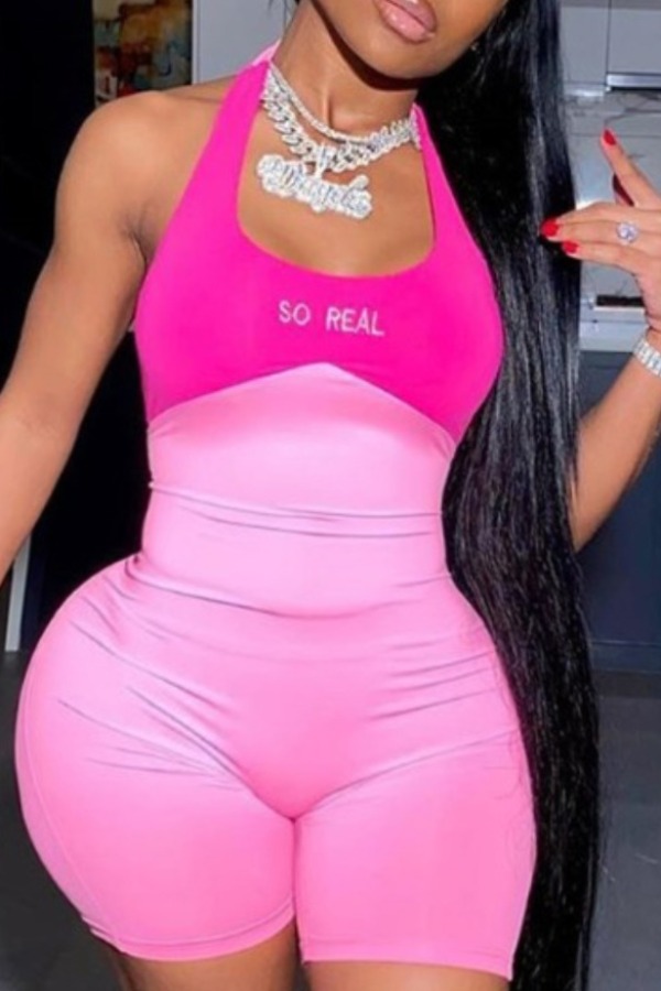

lovely Sportswear Patchwork Pink Plus Size One-piece Romper