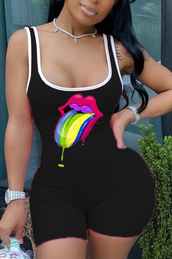 

lovely Casual U Neck Lip Print Black Plus Size One-piece Romper