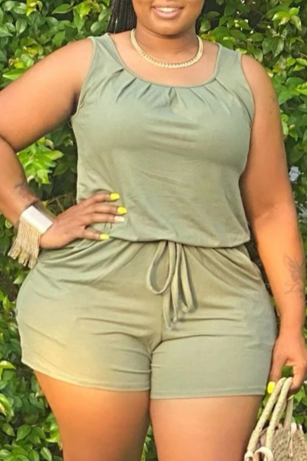 

Lovely Casual O Neck Drawstring Green Plus Size One-piece Romper