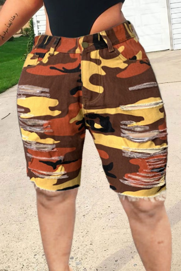 

lovely Stylish Broken Holes Camo Print Croci Plus Size Denim Shorts
