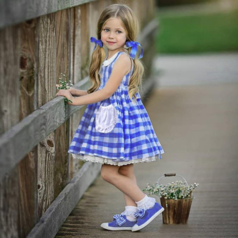 

lovely Sweet Grid Print Blue Girl Knee Length Dress