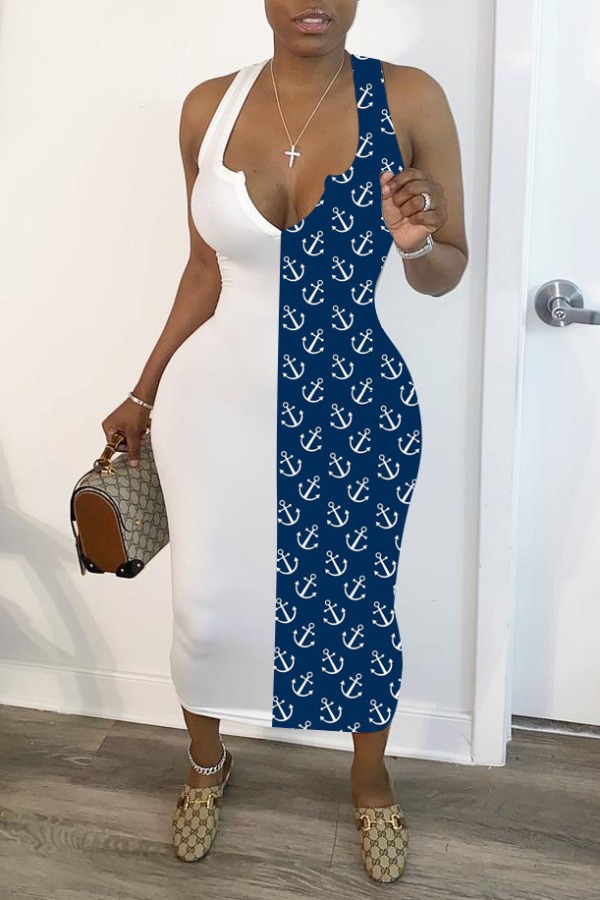 

lovely Trendy Print Patchwork White Mid Calf Dress