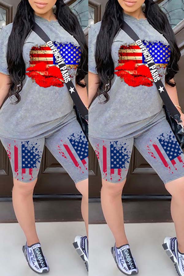 

lovely Independence Day Casual Print Grey Two-piece Shorts Set