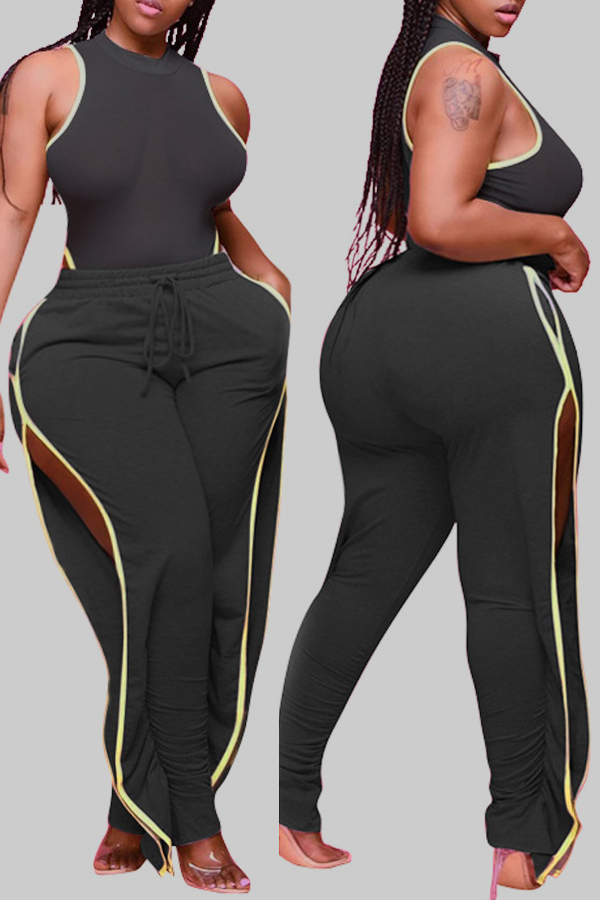 

Lovely Stylish Side High Slit Black Plus Size Two-piece Pants Set