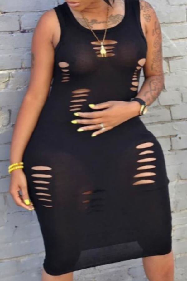 

LW Plus Size Round Neck Ripped Bodycon Dress, Black