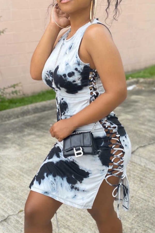 

lovely Casual Tie-dye Print Lace-up Hollow-out White Knee Length Dress