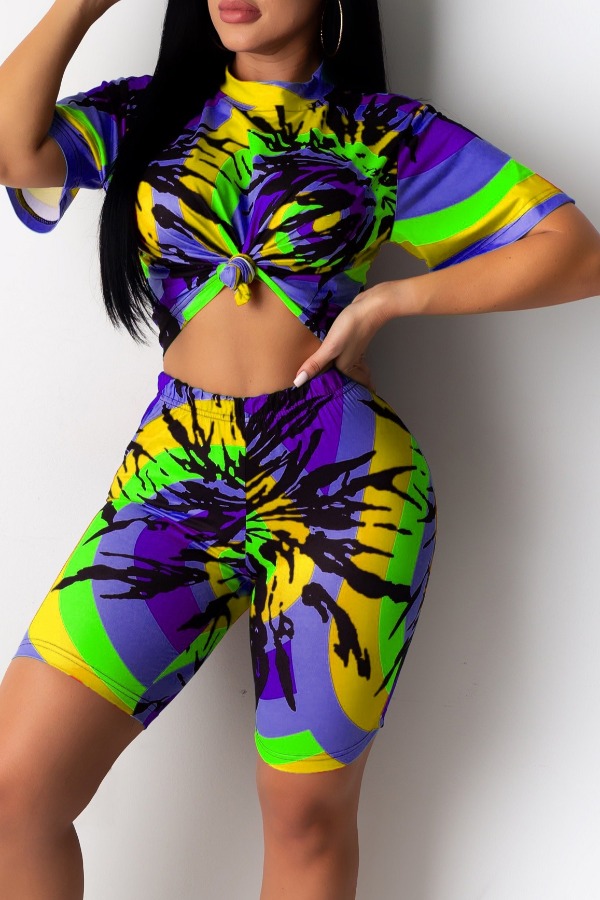 

lovely Casual O Neck Print Yellow Two-piece Shorts Set