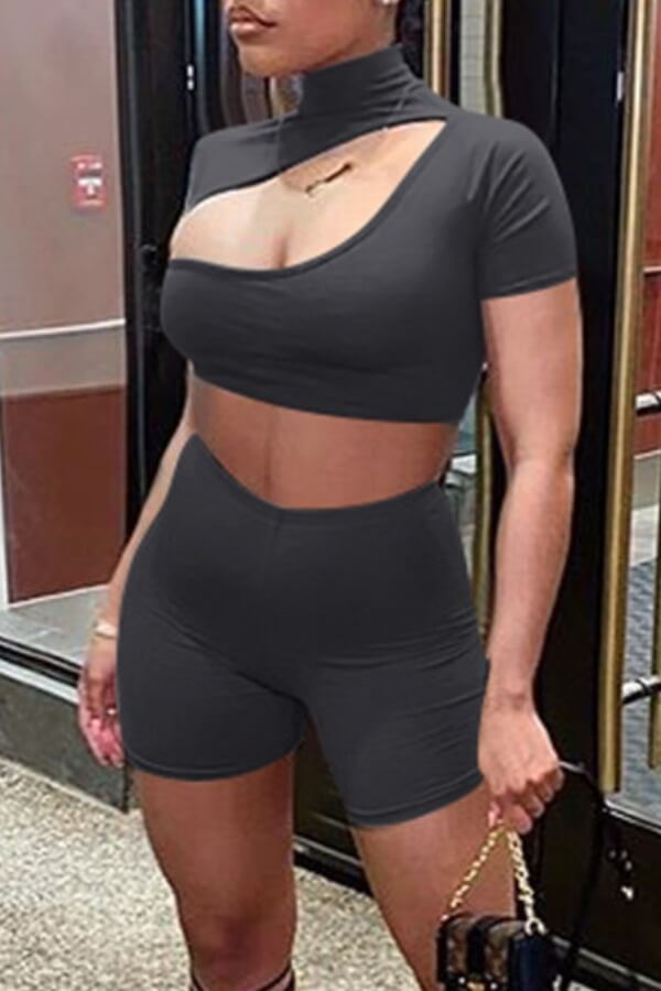 

Lovely Sexy Hollow-out Black Two-piece Shorts Set