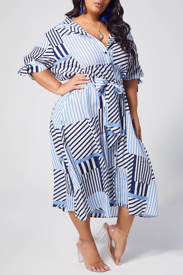 

lovely Casual Striped Print Blue Mid Calf A Line Plus Size Dress