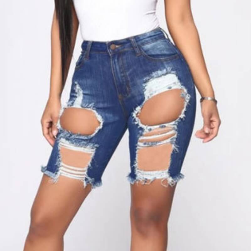 

Lovely Casual High-waisted Broken Holes Deep Blu Denim Shorts, Deep blue