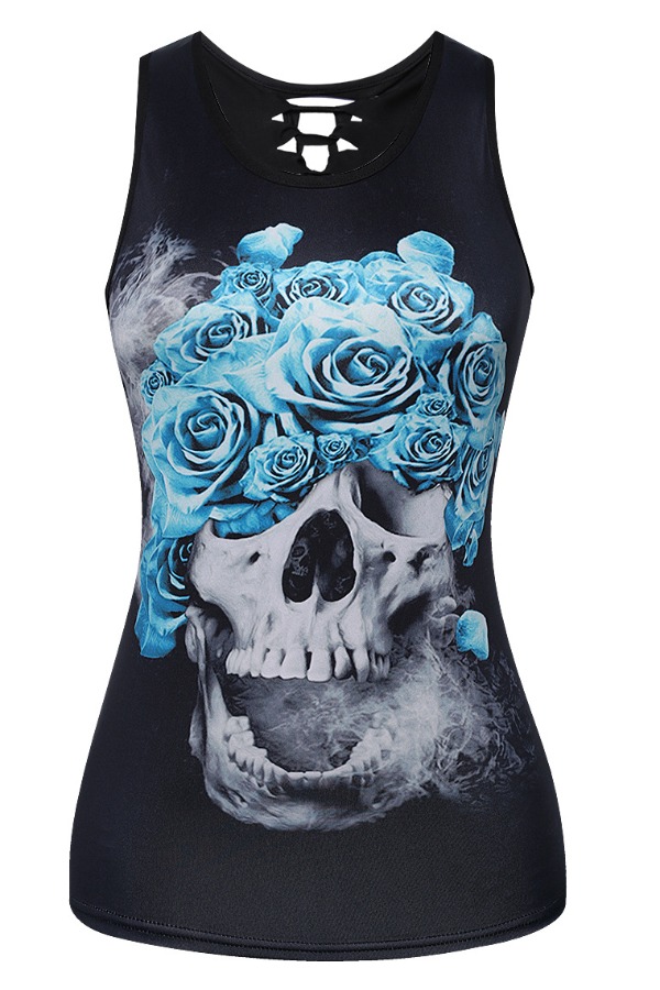 

lovely Casual O Neck Print Hollow-out Black Camisole