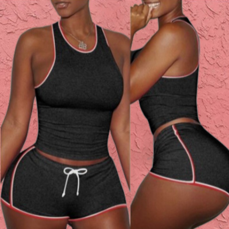 

Lovely Sportswear Tank Sleeveless Patchwork Black Two-piece Shorts Set