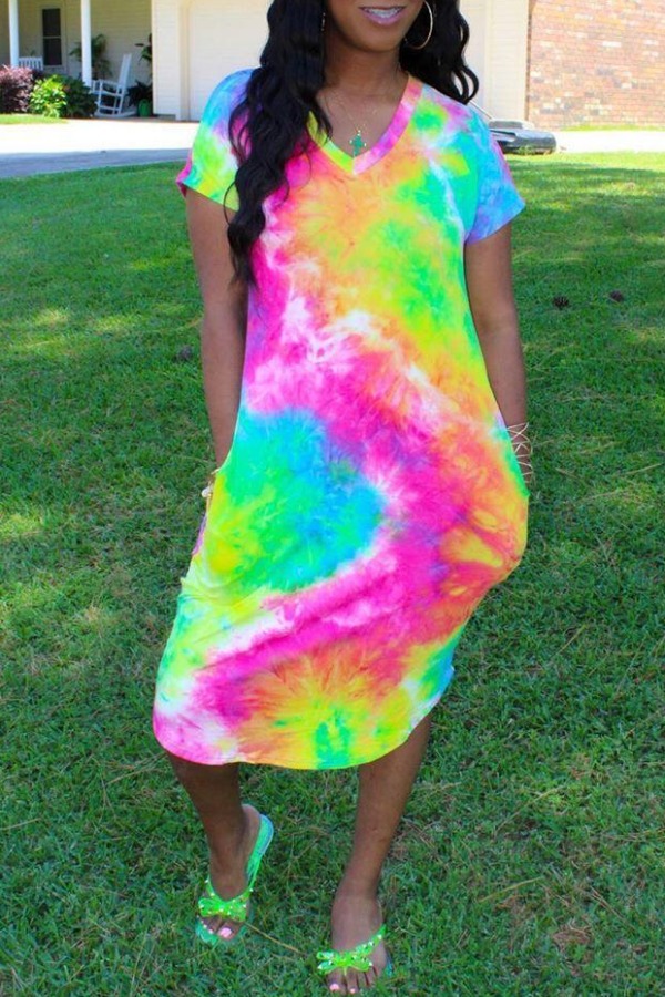 

lovely Casual V Neck Tie-dye Multicolor Knee Length Dress, Multi