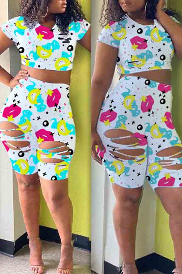 

lovely Leisure Print White Two-piece Shorts Set
