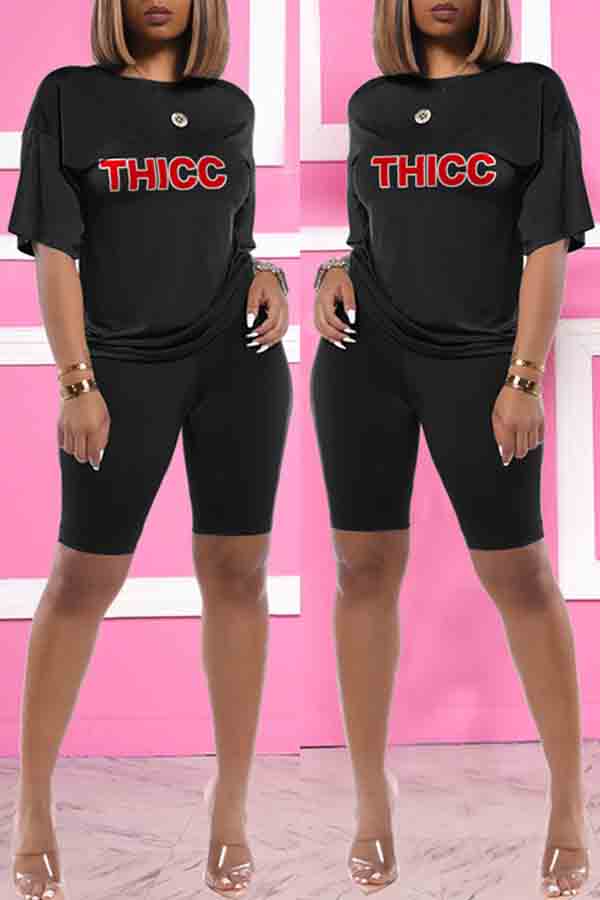 

lovely Casual Letter Print Black Two-piece Shorts Set