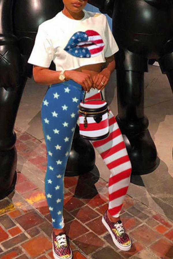 

lovely Independence Day Leisure Lip Print White Two-piece Pants Set
