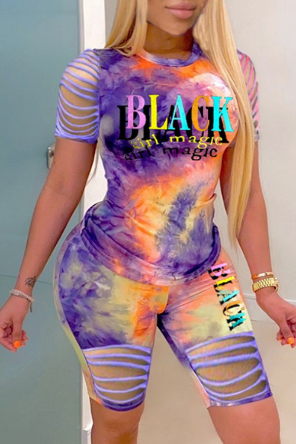 

lovely Casual Tie-dye Hollow-out Purple Plus Size Two-piece Shorts Set
