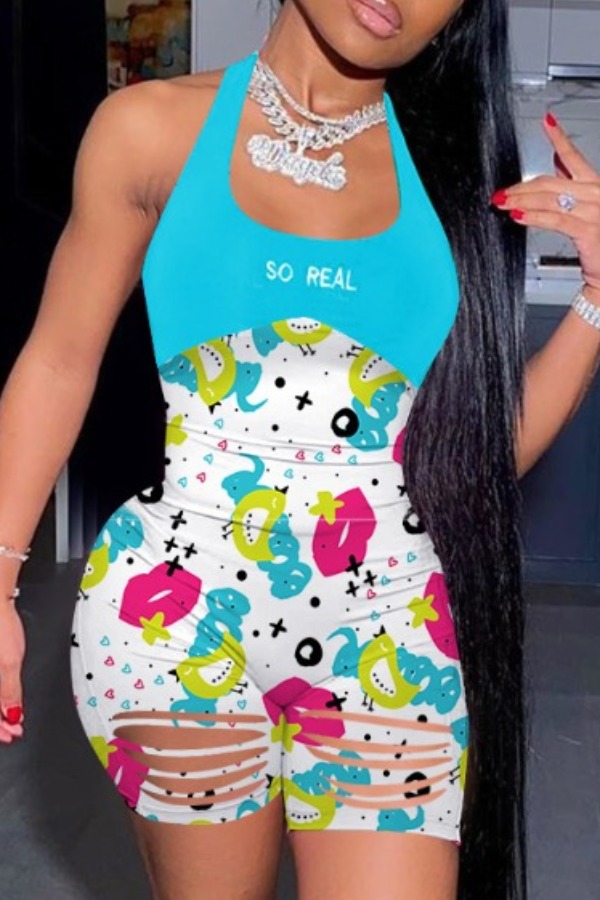 

lovely Trendy Cartoon Print Baby Blue One-piece Romper