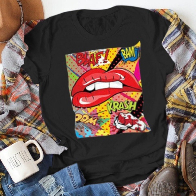 

Lovely Leisure O Neck Lip Print Black T-shirt