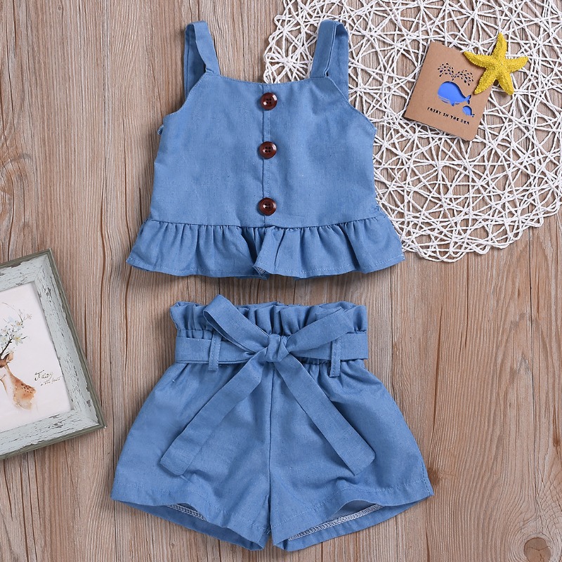 

lovely Sweet Flounce Design Blue Girl Two-piece Shorts Set