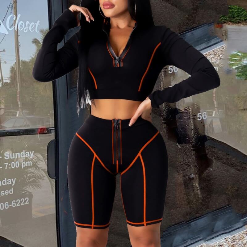 

LW Sportswear Patchwork Orange Two-piece Shorts Set