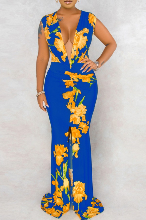 

lovely Stylish Deep V Neck Plants Print Blue Maxi Dress