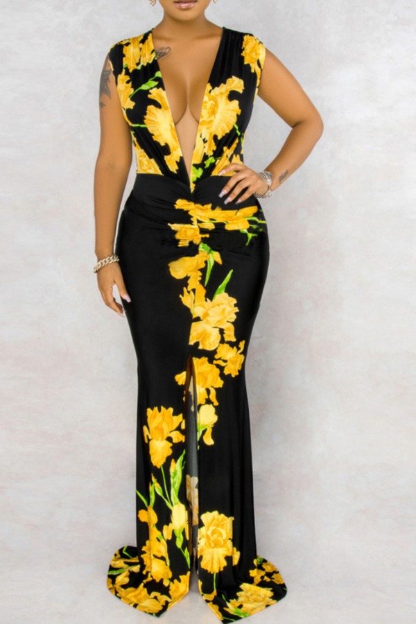 

lovely Stylish Deep V Neck Plants Print Black Maxi Dress