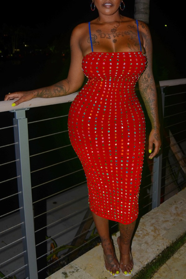 

lovely Sexy Hot Drilling Decorative Red Mid Calf Dress