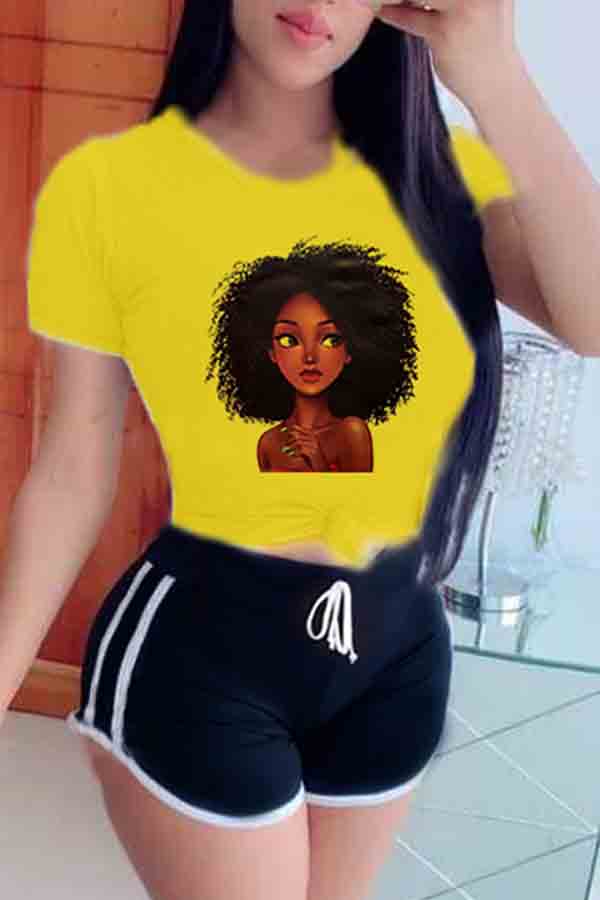 

lovely Leisure O Neck Print Yellow Two-piece Shorts Set