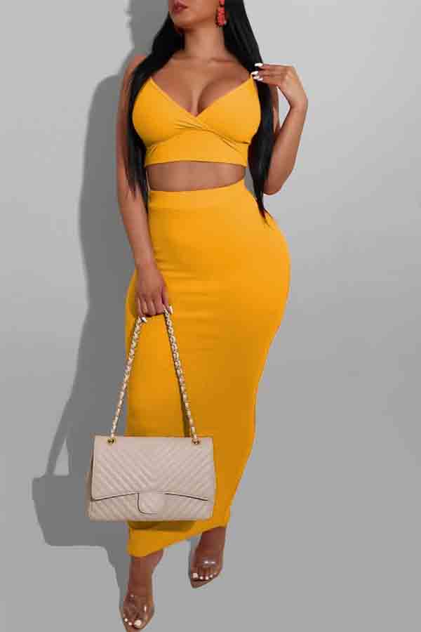 

lovely Stylish Deep V Neck Yellow Two-piece Skirt Set