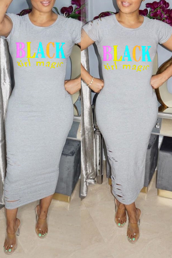 

Lovely Casual Letter Print Grey Ankle Length Dress
