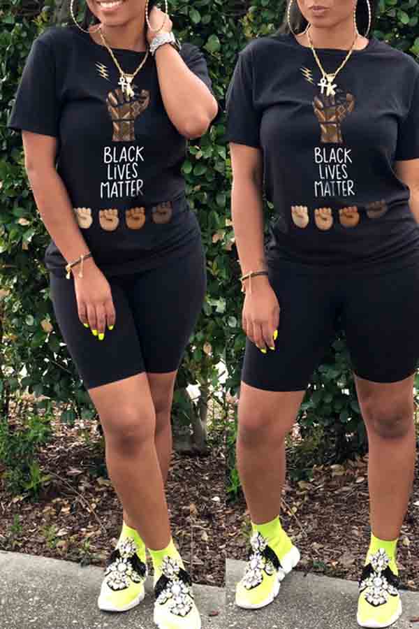

lovely Leisure O Neck Letter Print Black Two-piece Shorts Set