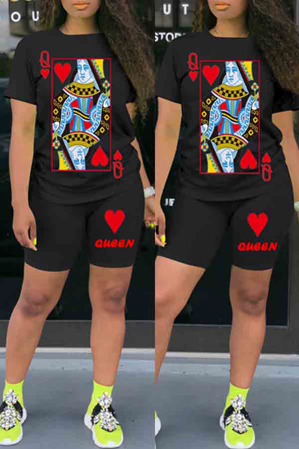 

Lovely Stylish O Neck Print Black Two-piece Shorts Set