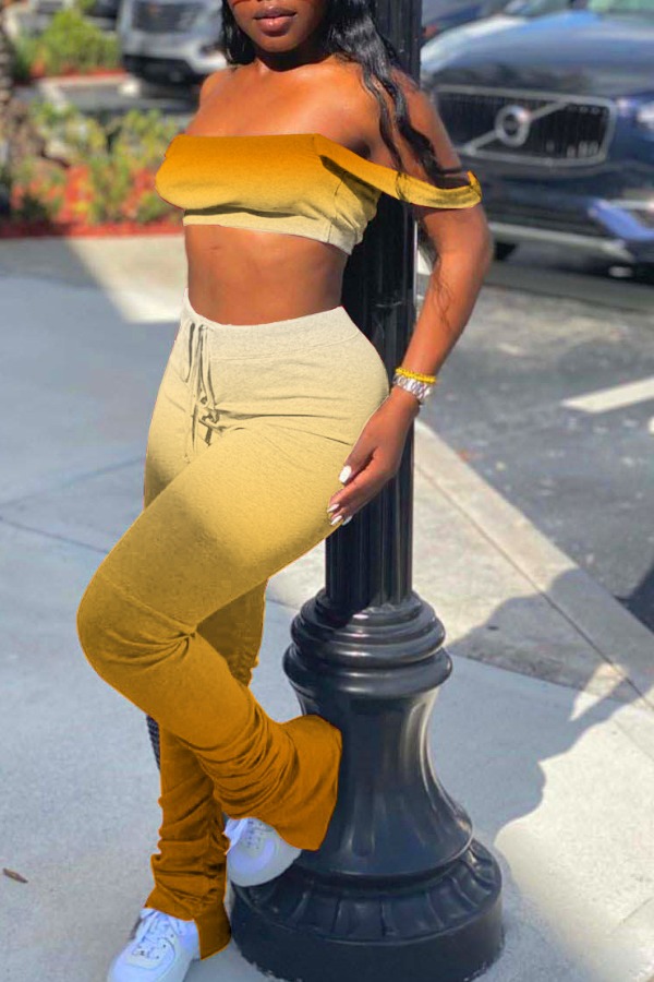 

lovely Trendy Dew Shoulder Gradual Change Yellow Two-piece Pants Set