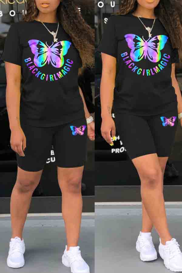 

Lovely Casual O Neck Butterfly Print Black Two-piece Shorts Set