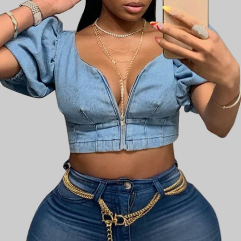 

Lovely Trendy Zipper Design Blue Plus Size Denim Blouse