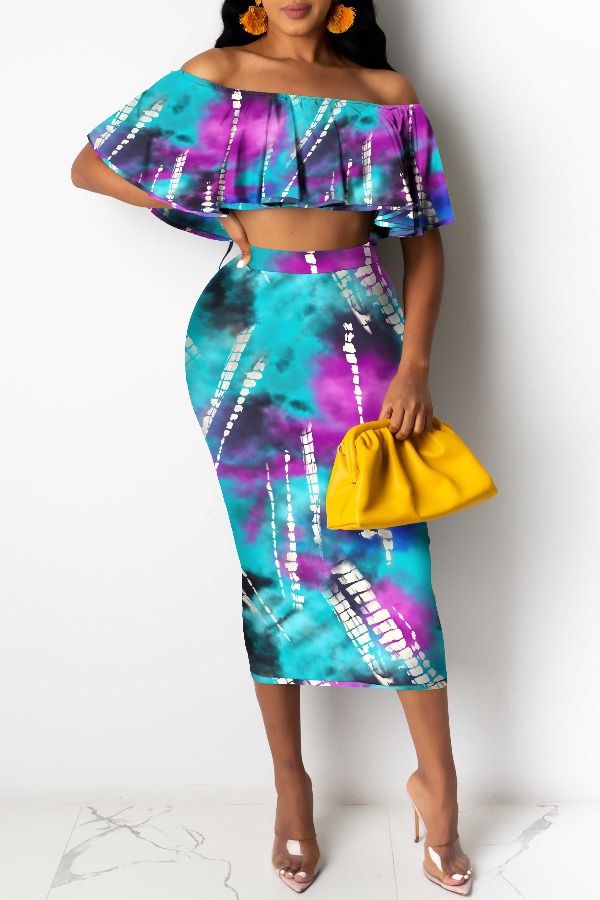 

Lovely Trendy Tie-dye Blue Two-piece Skirt Set