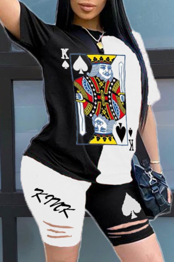

lovely Leisure Print Patchwork Black Two-piece Shorts Set
