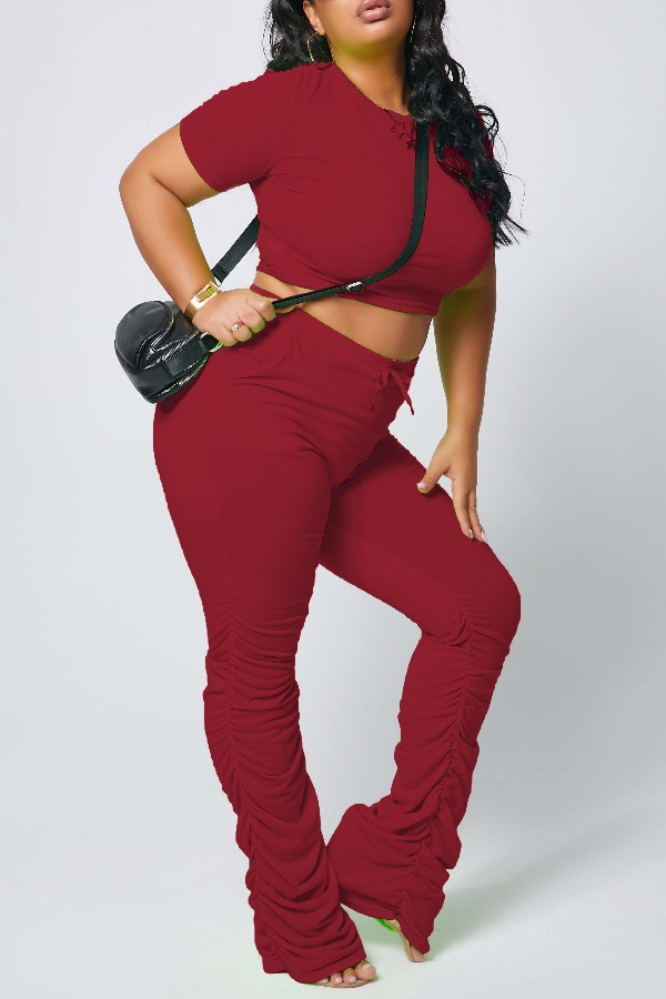 

lovely Casual Fold Design Wine Red Plus Size Two-piece Pants Set
