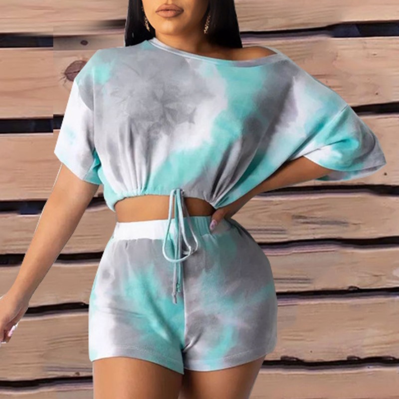 Lovely Casual Tie-dye Print Blue Two-piece Shorts Set