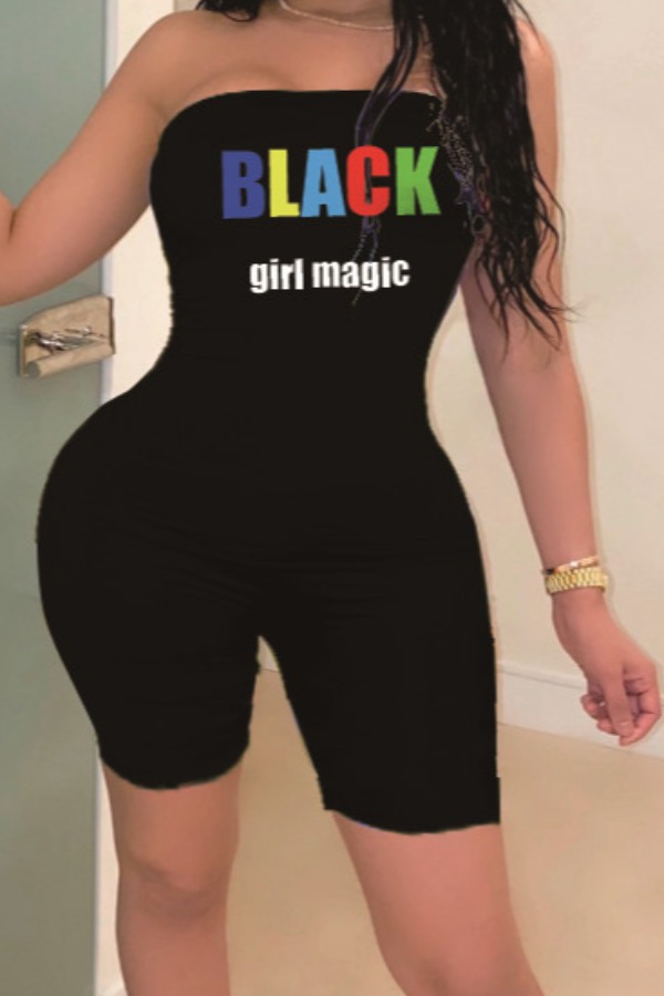 

Lovely Casual Off The Shoulder Letter Print Black One-piece Romper