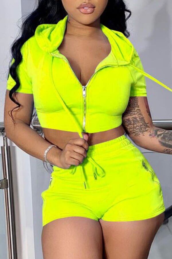 

LW Casual Zipper Design Yellow Two-piece Shorts Set