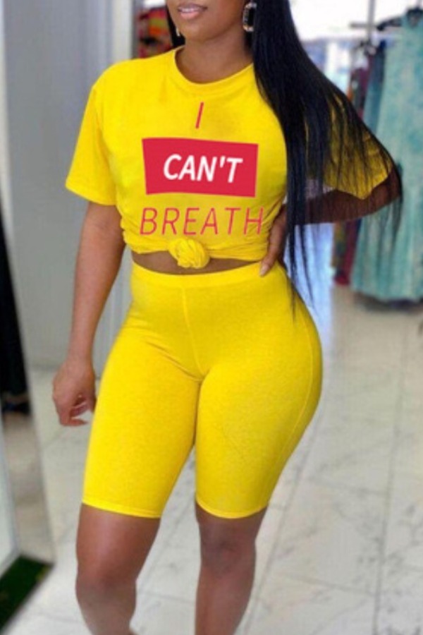 

lovely Casual Letter Print Yellow Two-piece Shorts Set