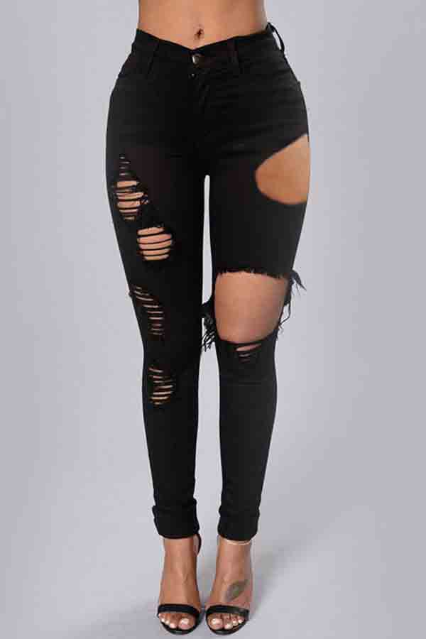 lovely Street Hollow-out Black Jeans