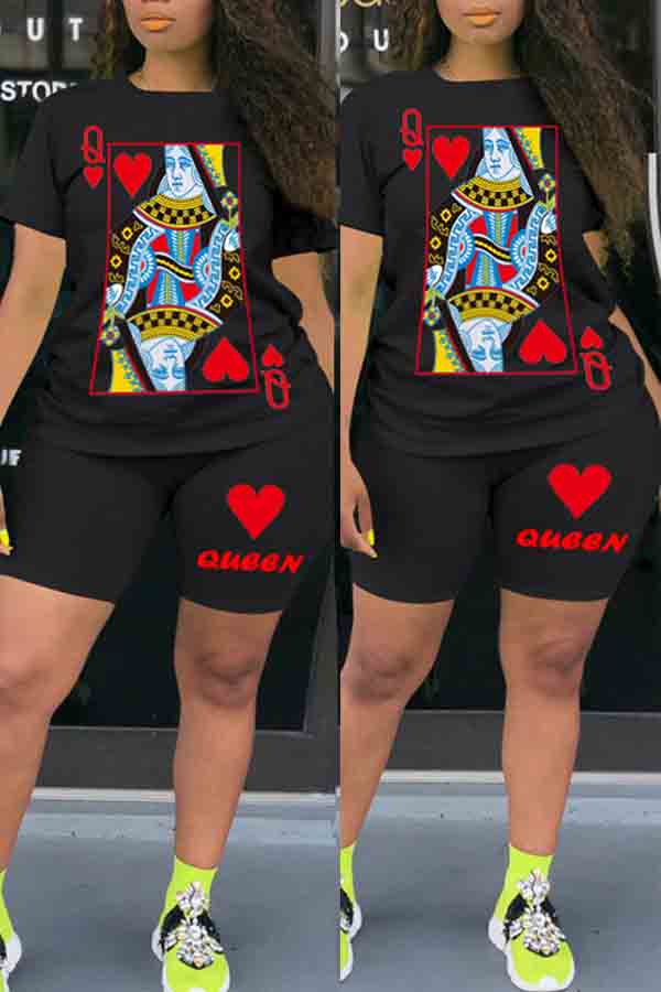 

lovely Stylish O Neck Print Black Plus Size Two-piece Pants Set