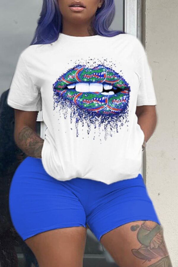 

Lovely Casual Lip Print Blue Plus Size Two-piece Shorts Set